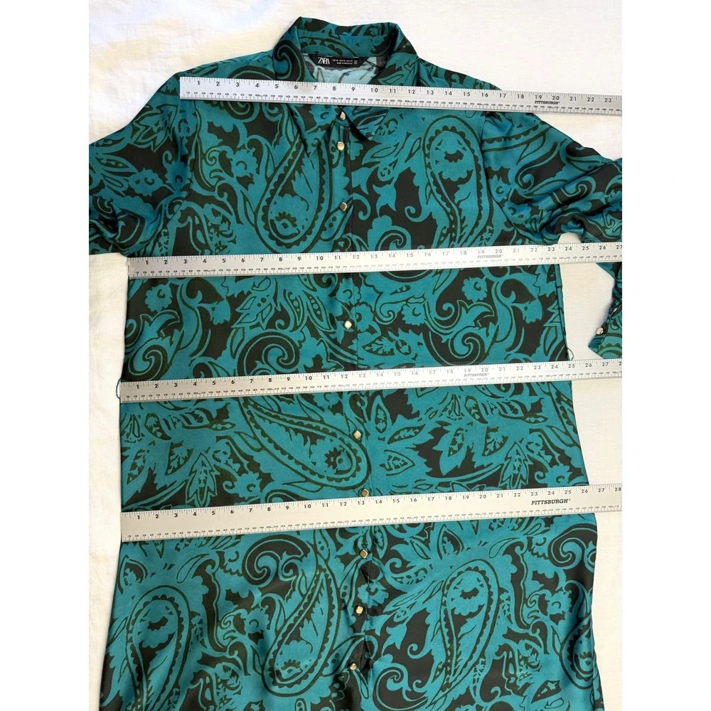 ZARA Teal Black Paisley Satin Shirt Dress XL Long Sleeve Button Up 8735/214 - Picture 9 of 12